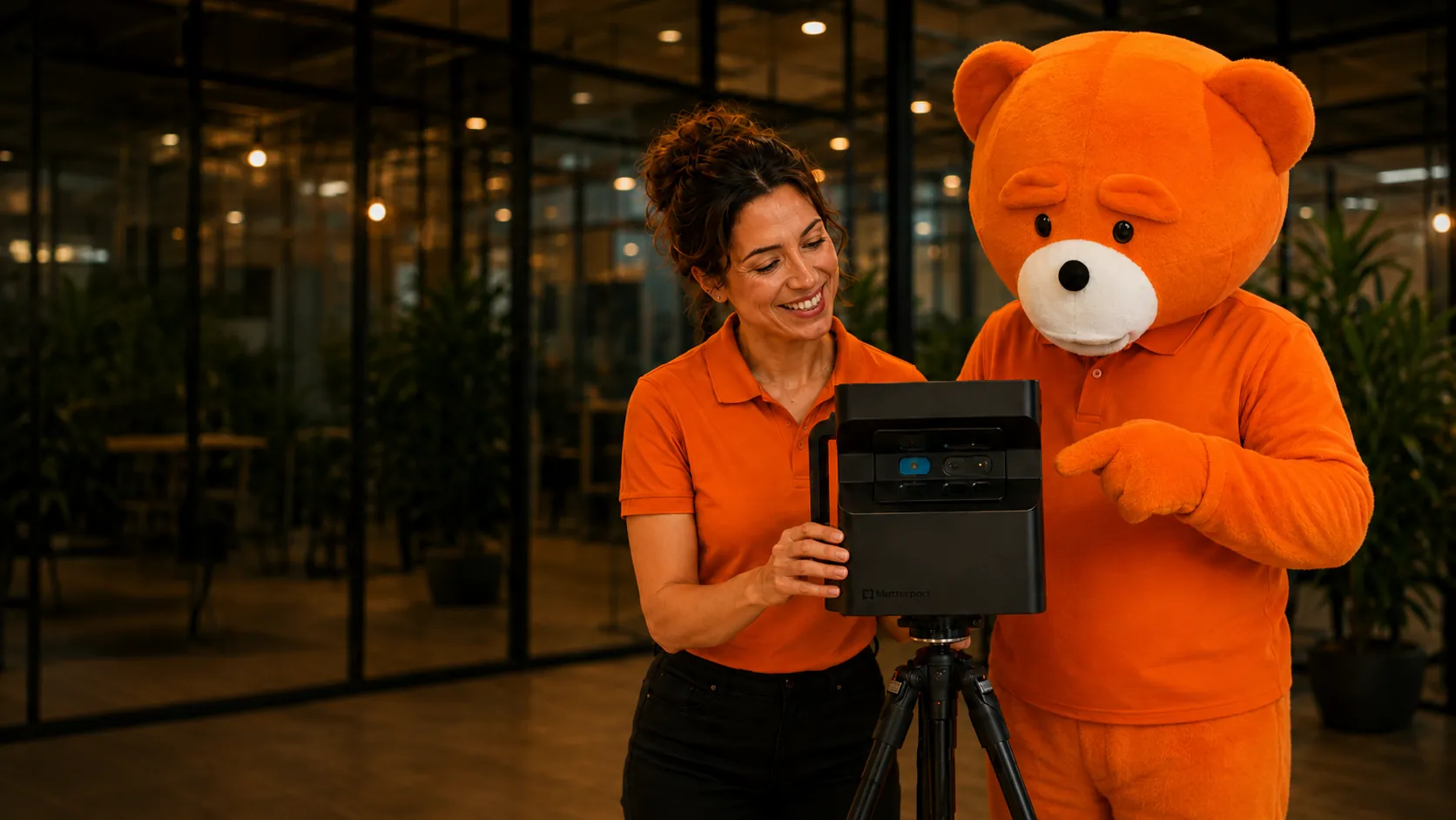 The easyVirtual.tours bear mascot and an operator setting up a Matterport 360° camera