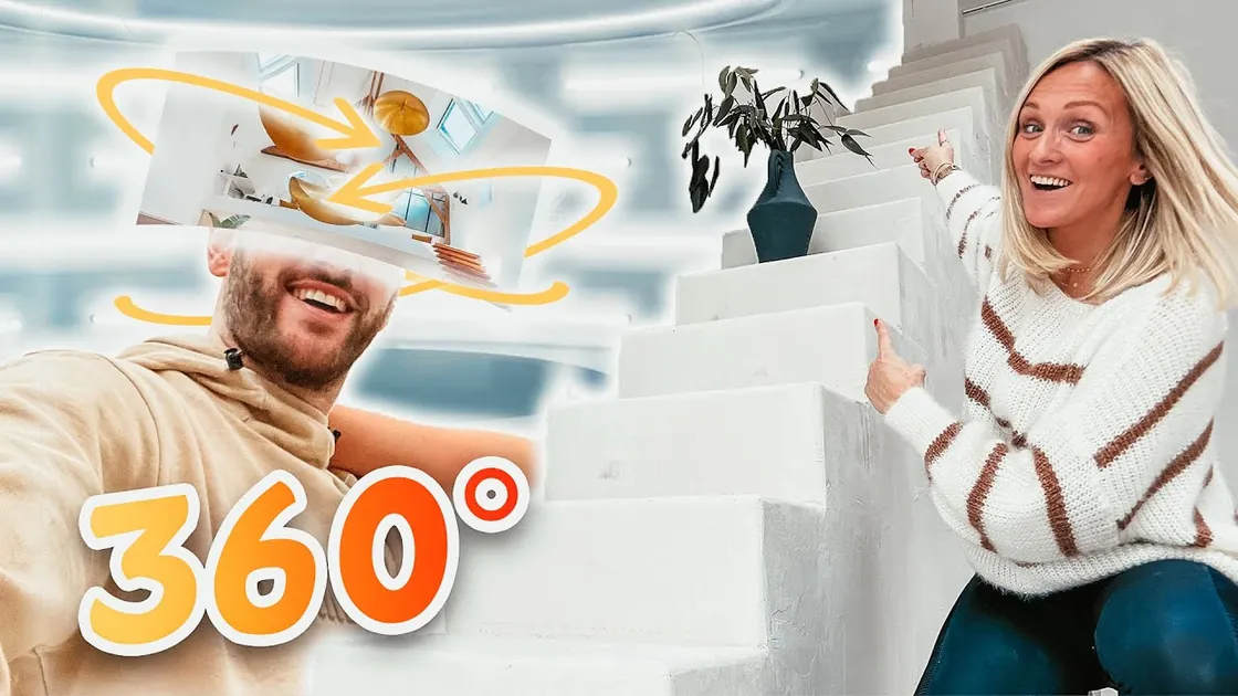Rachel and Émilien in front of their aerated concrete staircase, in the thumbnail of their episode about the 360° tour.