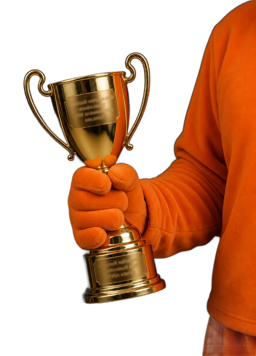 Ours easyVirtual.tours, la mascotte de la marque, tenant un trophée doré