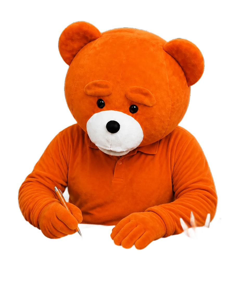 La mascotte easy, en polo orange, en train d'écrire.