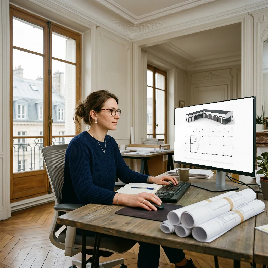 BIM model and plan of the existing building open on a workstation