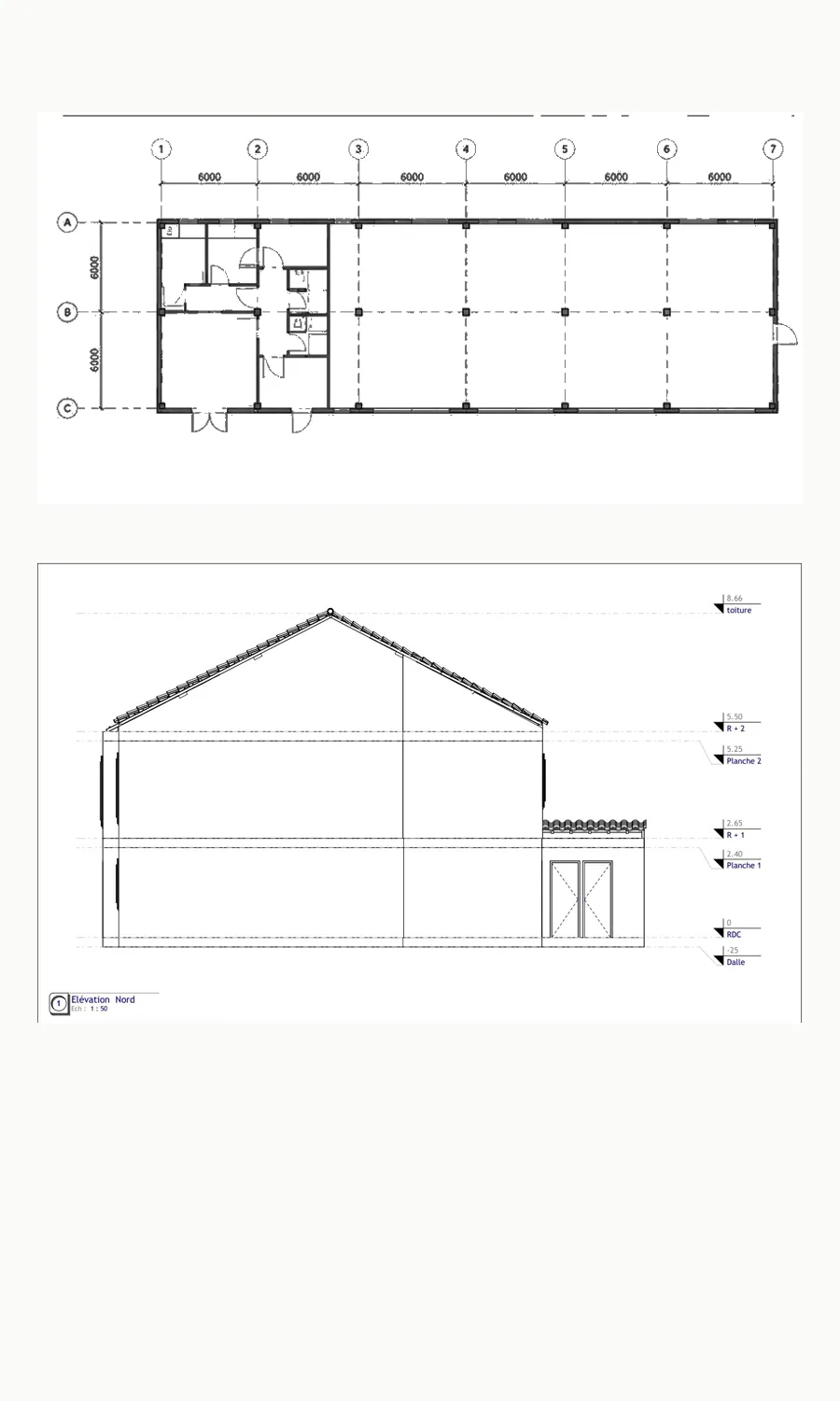 Dimensioned plan and section of a building, taken from the 3D survey