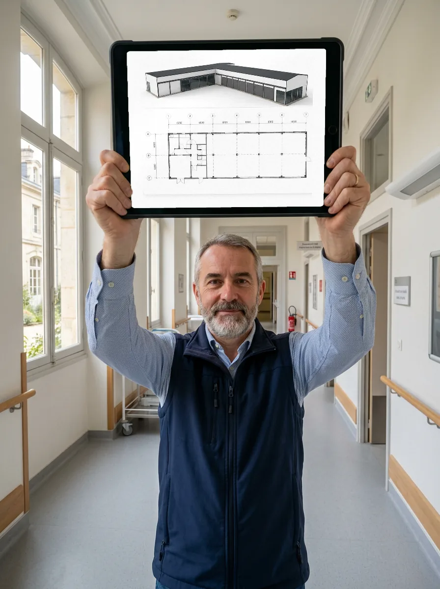 Maquette BIM d'un bâtiment de santé et son plan coté