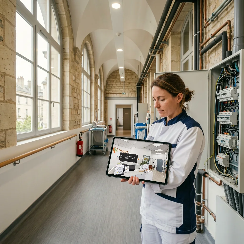 Outil de mesure ouvert dans une visite virtuelle, sur l'écran d'un technicien