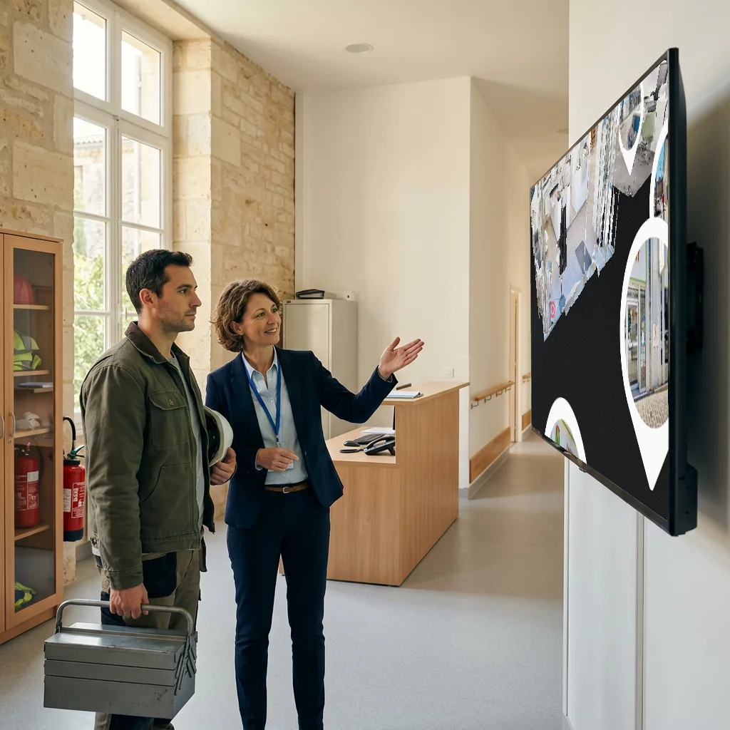 Plan de niveau ouvert dans une visite virtuelle, avec ses points d'intérêt