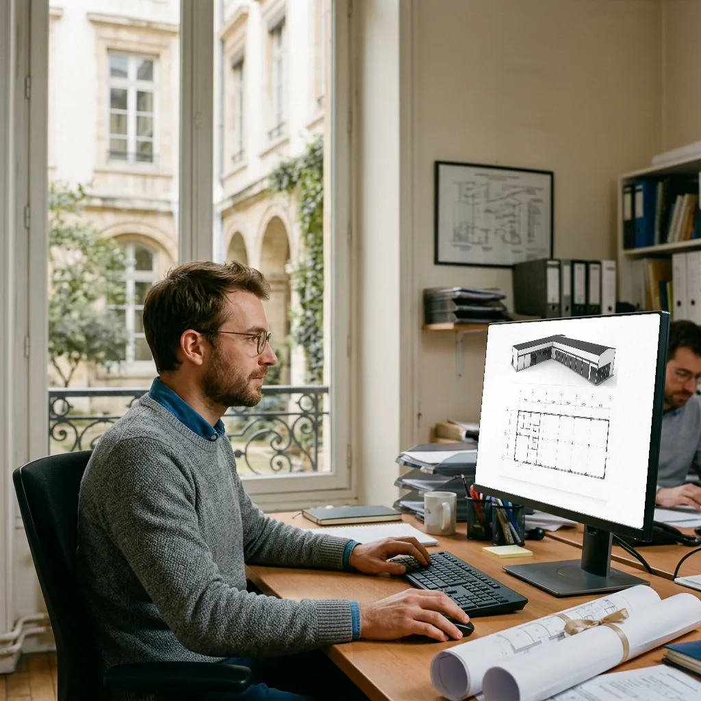 Maquette BIM et plan de l'existant ouverts sur un poste de travail