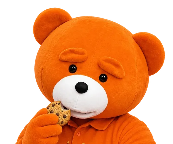 The easyVirtual.tours bear mascot biting into a cookie
