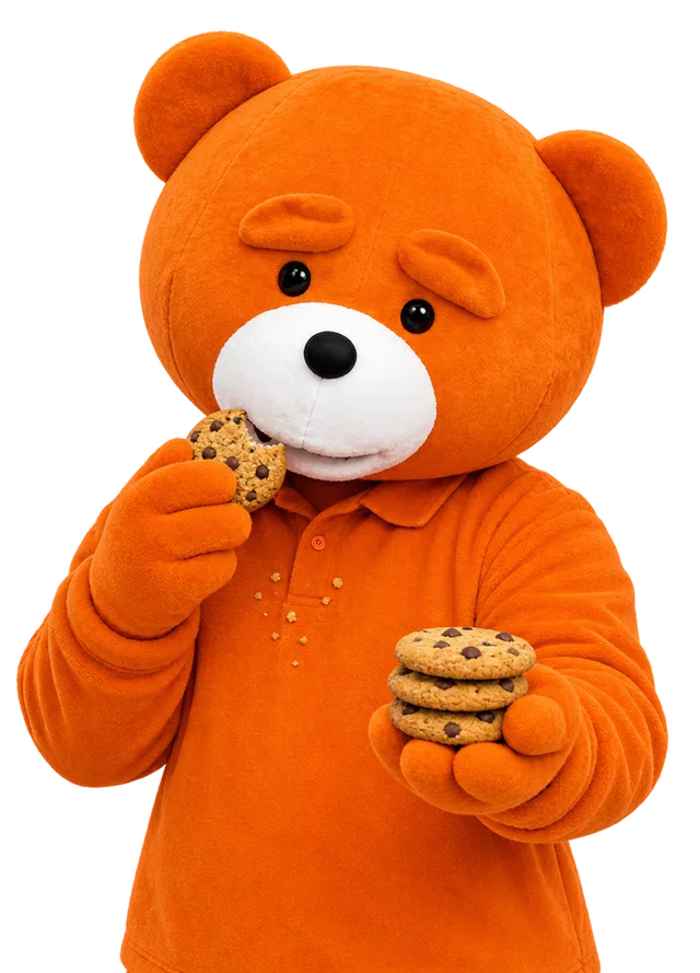 The easyVirtual.tours bear mascot biting into a cookie