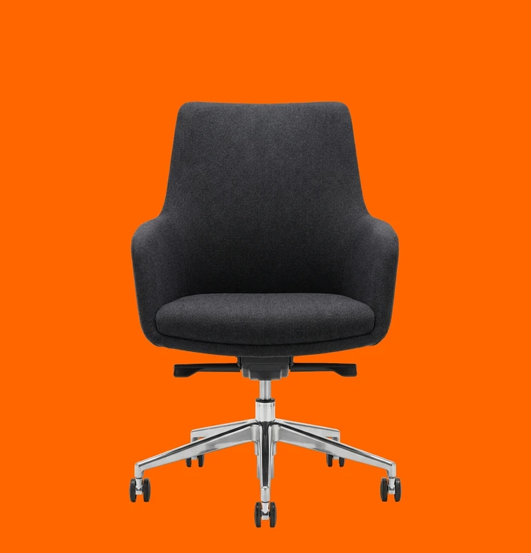 An empty office chair on an orange background.