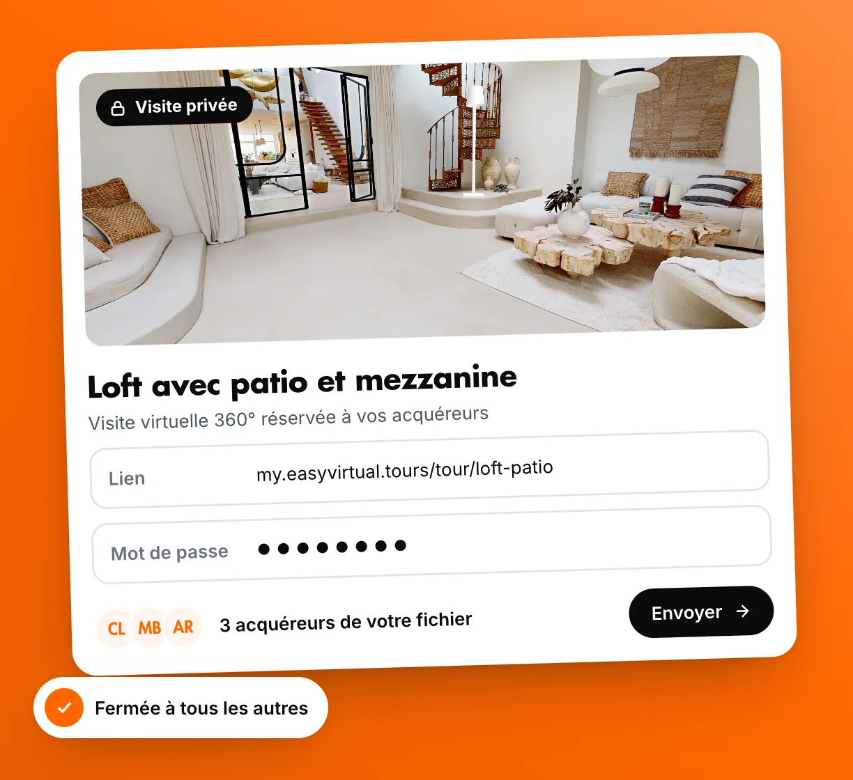 Sharing card for a private tour: photo of a loft's living room, tour link, hidden password and three buyers as recipients