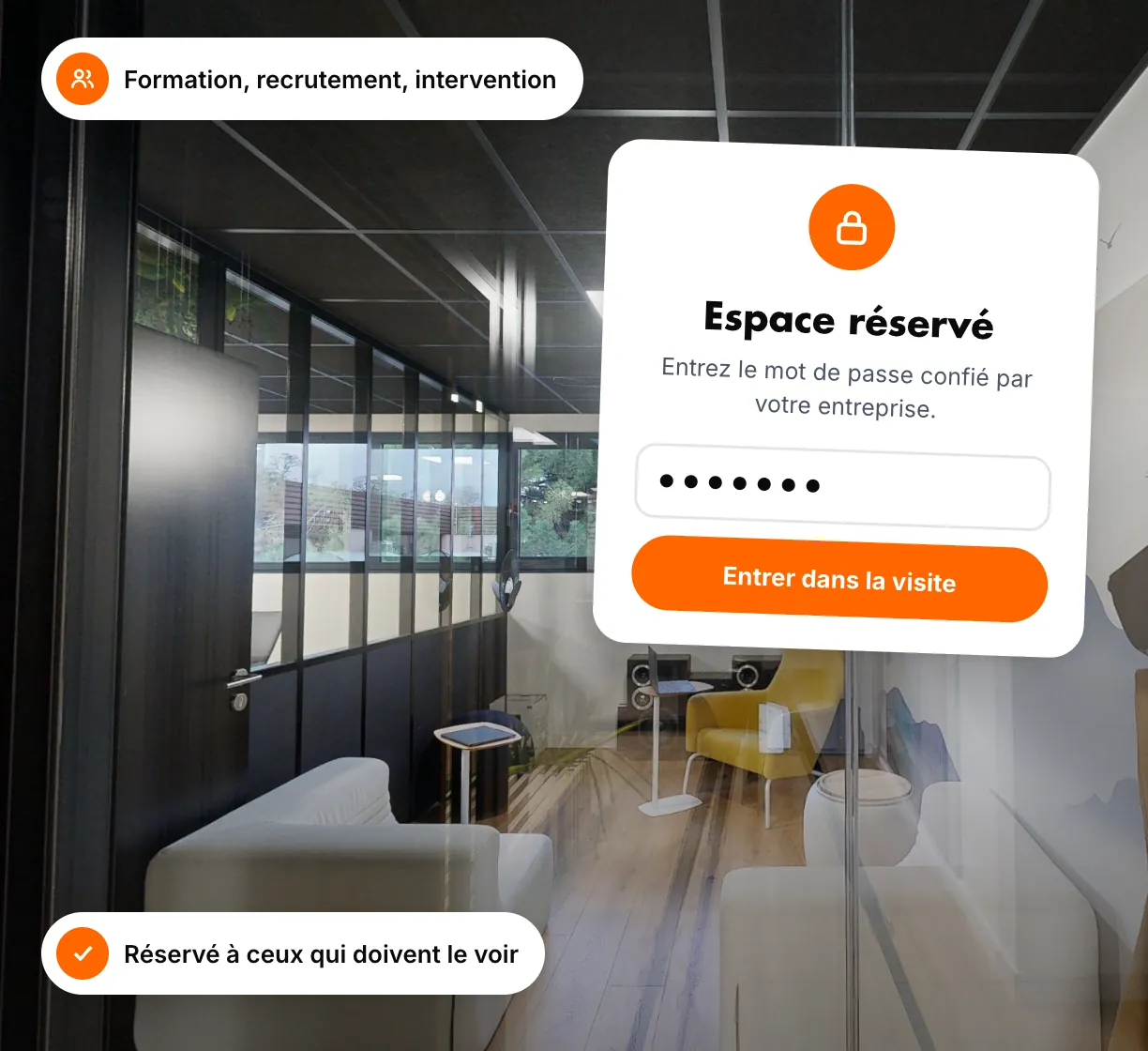 Breakout area of an office seen in the virtual tour, with the password screen of a restricted space