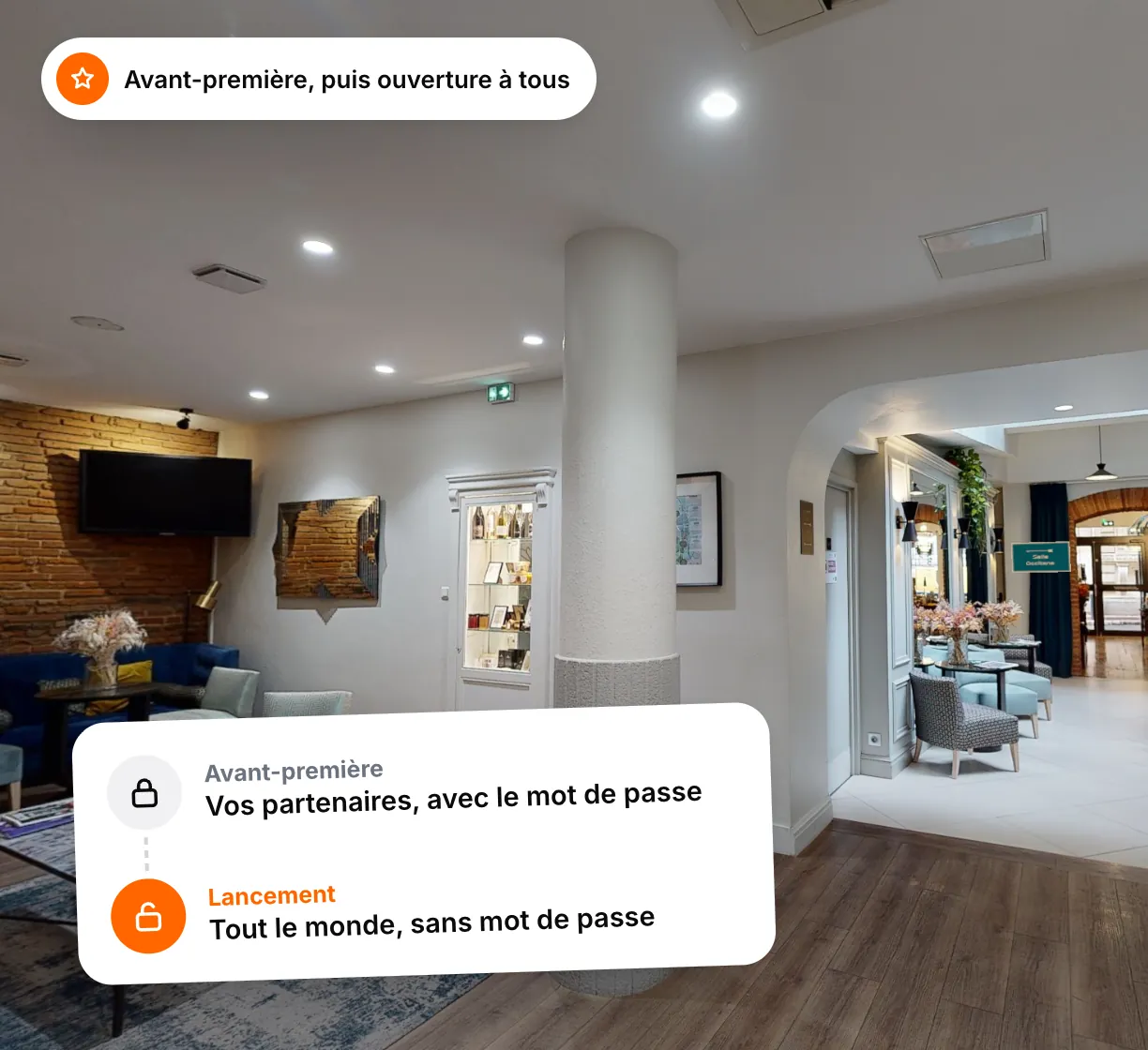 A hotel lounge seen in its virtual tour, with two stages: a preview for partners, then opening to everyone