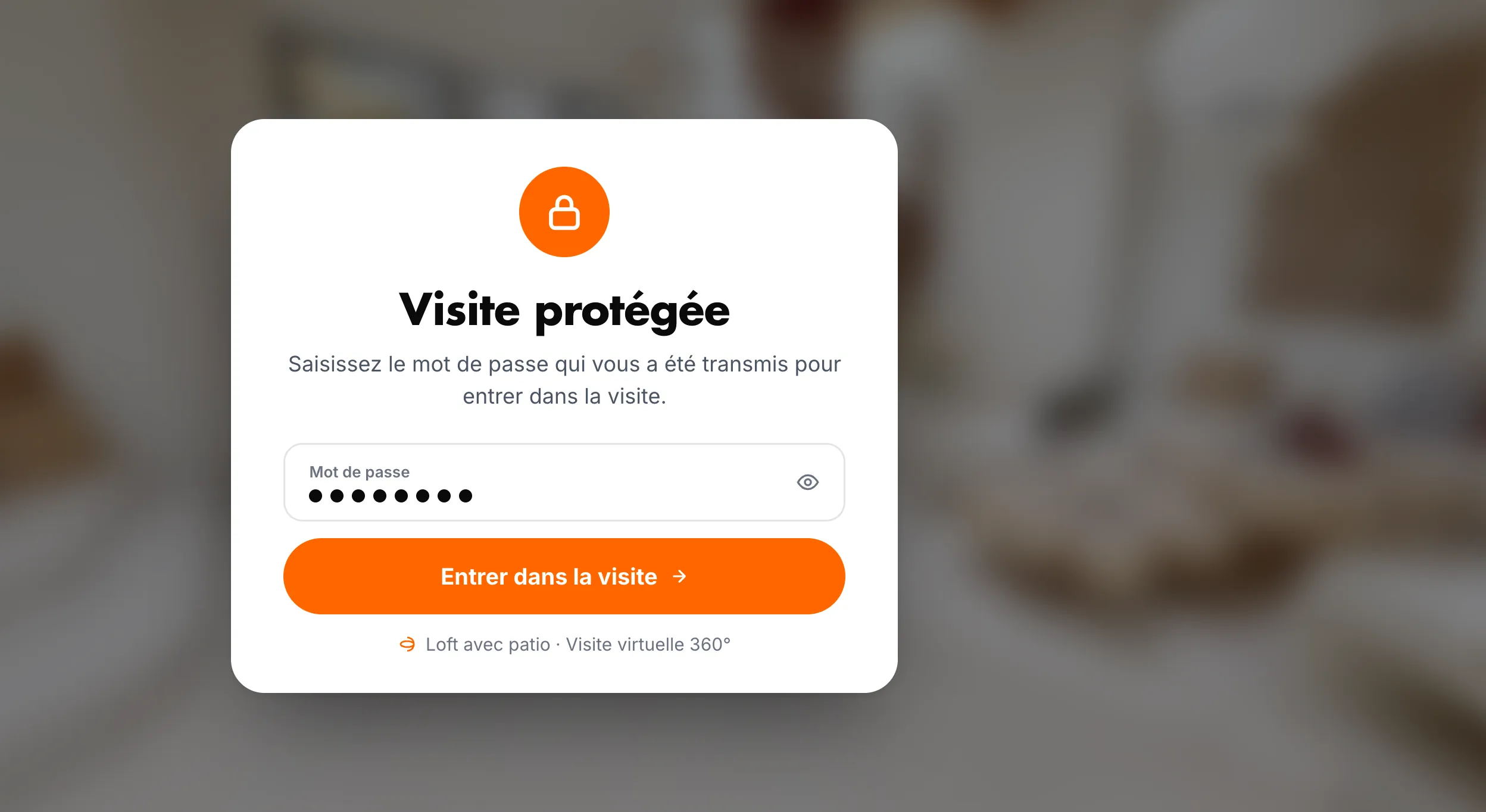 Password screen of a protected virtual tour on a tablet, in front of the blurred view of a loft's living room