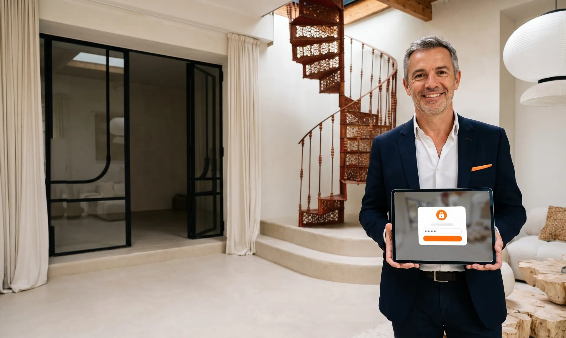 Agent immobilier dans le séjour d'un loft, tablette en main sur l'écran de mot de passe d'une visite virtuelle protégée