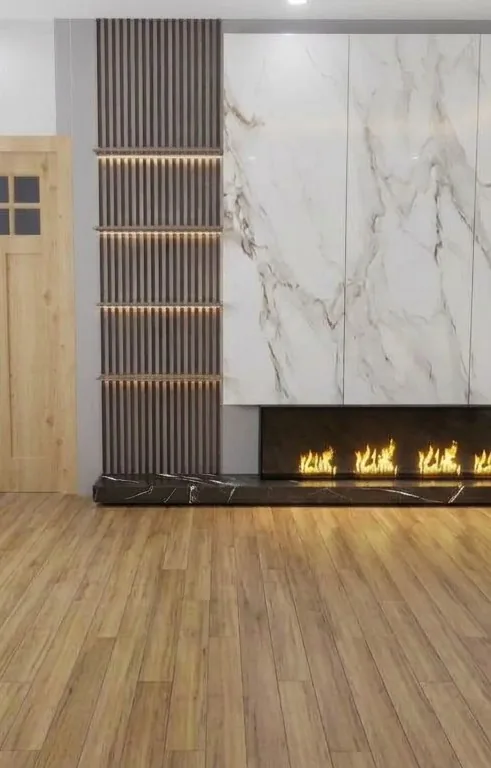 Empty living room with a fireplace and parquet floor, before virtual staging