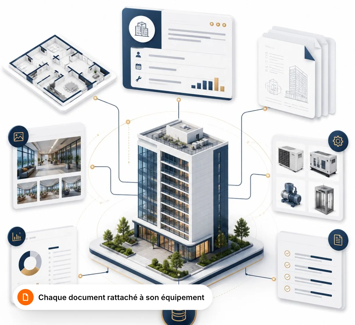 Illustration of a building linked to its documents, plans and equipment sheets