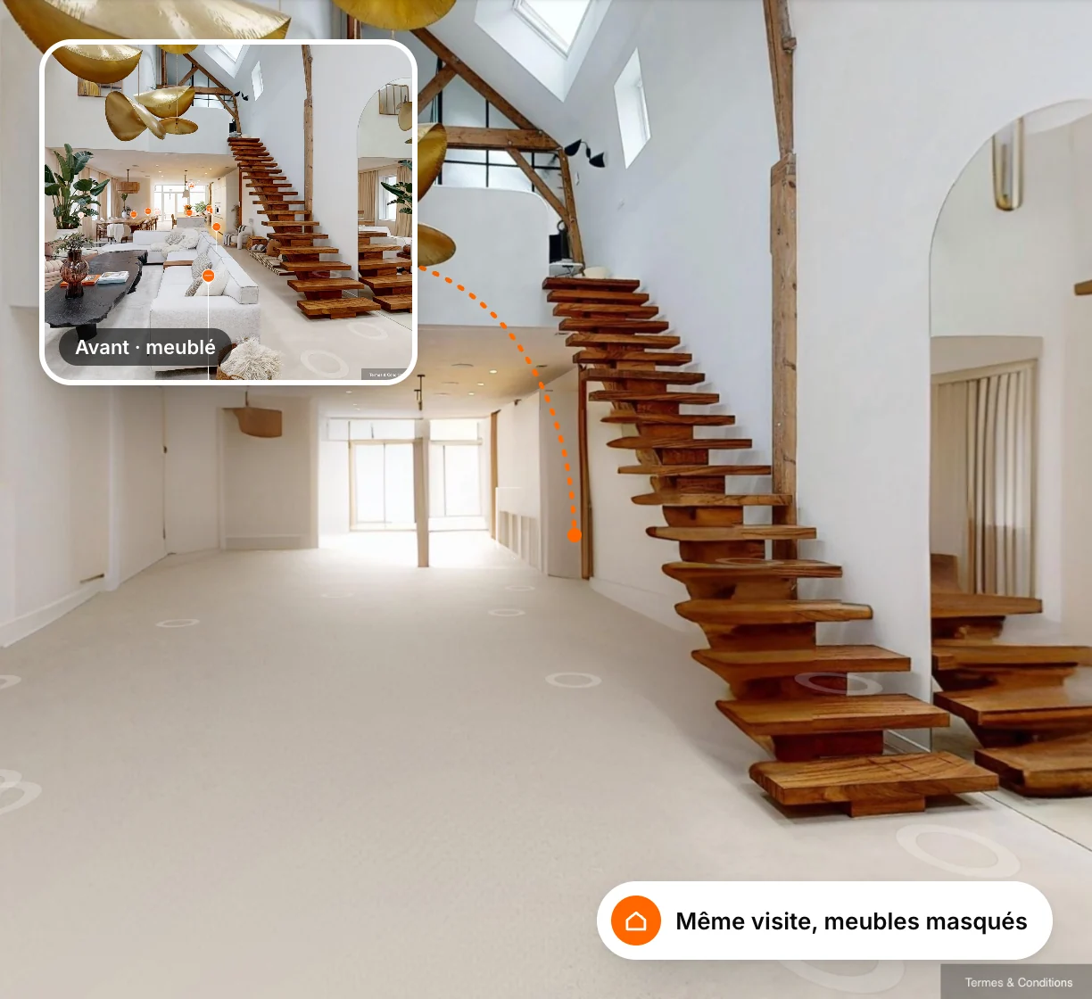 The sample tour's living room with the wooden staircase, furnished in a thumbnail, then empty after the ‘Defurnish’ button