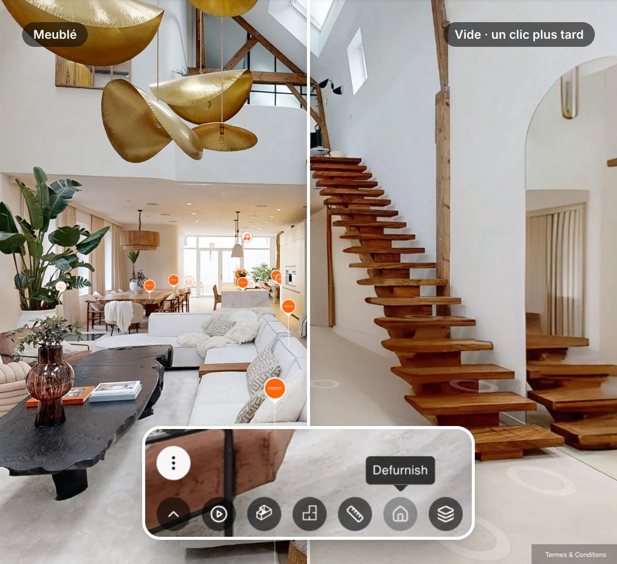 The same viewpoint split in two, furnished then empty, with the tour's toolbar and its ‘Defurnish’ button