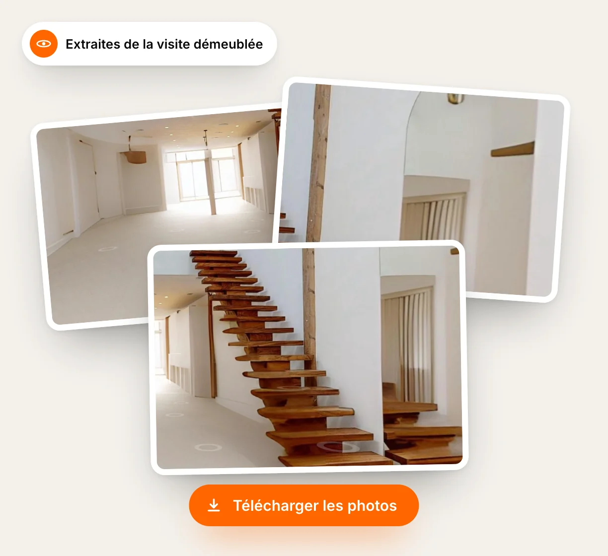 Three photos from the decluttered tour (perspective, arch, staircase), ready to download for a listing