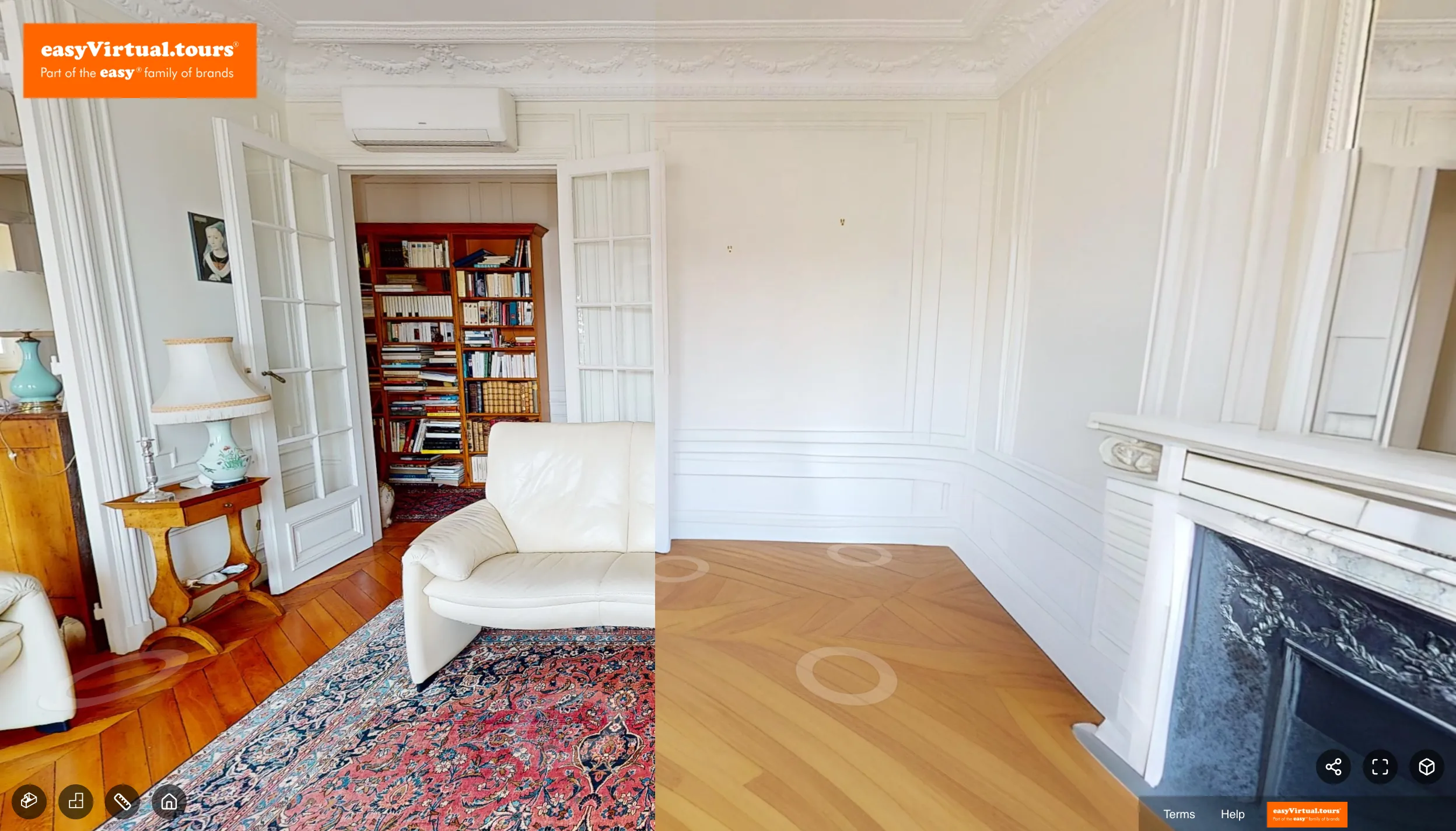The same living room, furnished and then decluttered in the virtual tour, side by side on a tablet