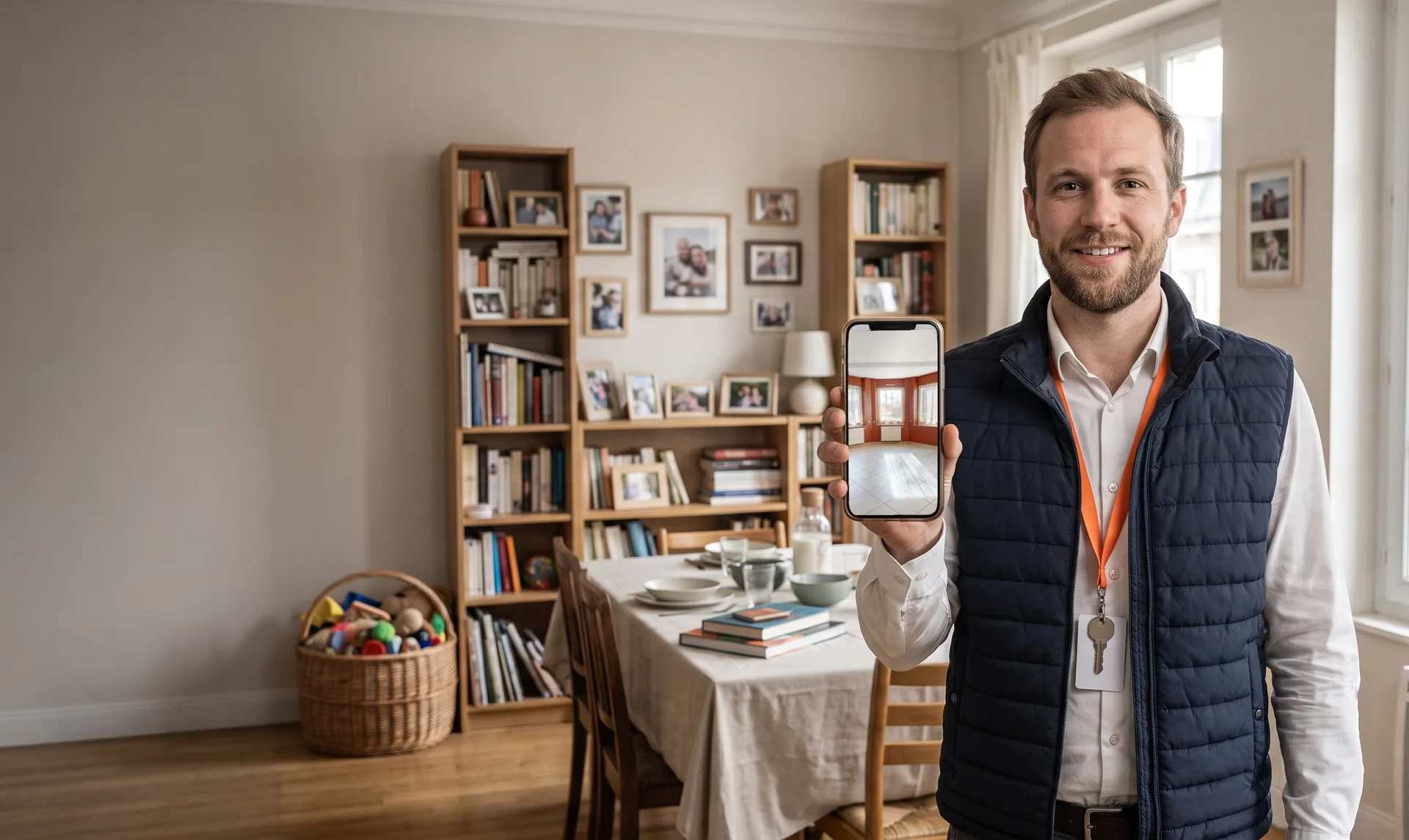 An estate agent in a furnished flat, phone in hand showing a room emptied of its furniture