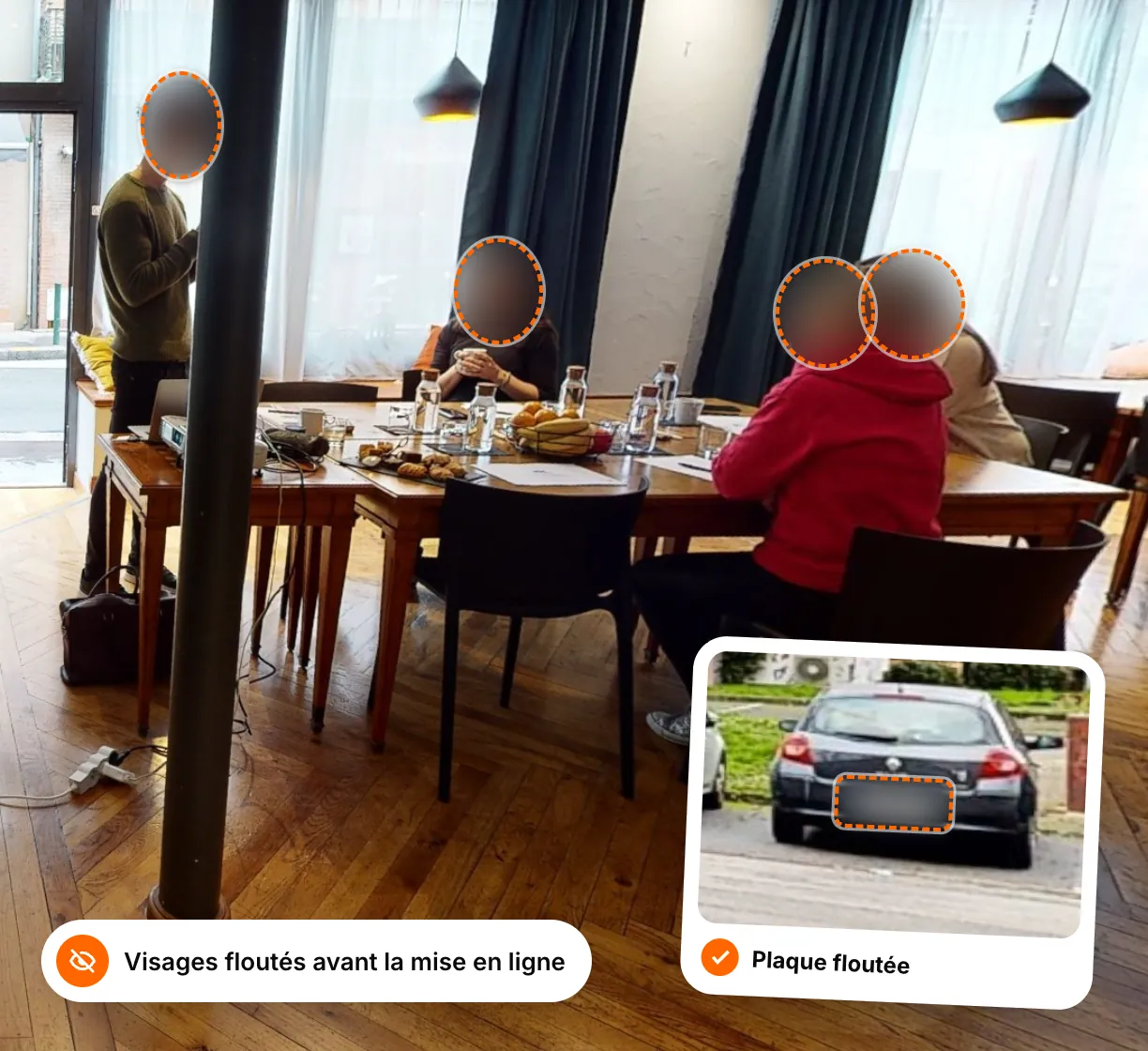 A seminar room seen in the virtual tour, with participants' faces blurred and an inset of a car with its number plate blurred