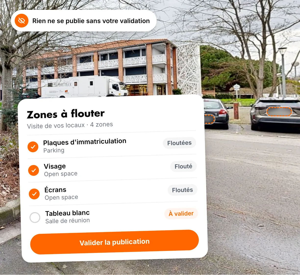 A car park seen in the virtual tour, number plates blurred, with the list of areas to blur and the approval button