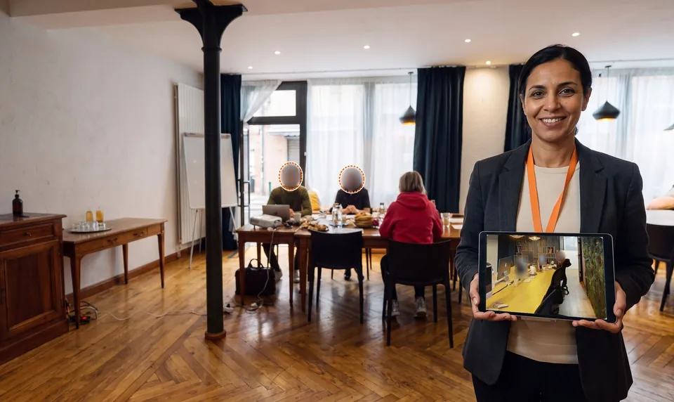 Femme qui présente une tablette dans une salle de réunion aux visages floutés