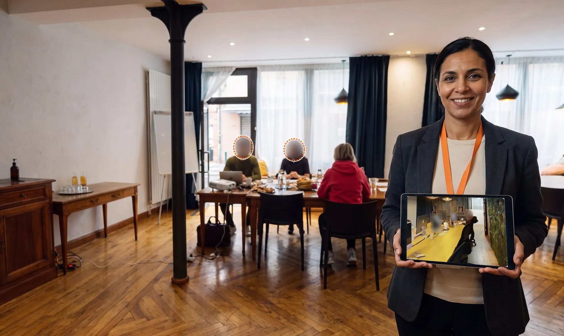 An events manager in a seminar room with blurred faces, tablet in hand on the virtual tour of an open-plan office with blurred screens