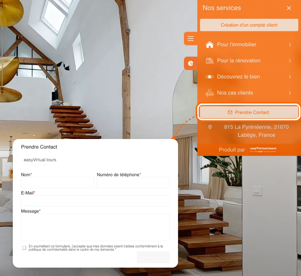 In the sample tour's living room, the menu's ‘Get in touch’ button opens the contact form without leaving the tour