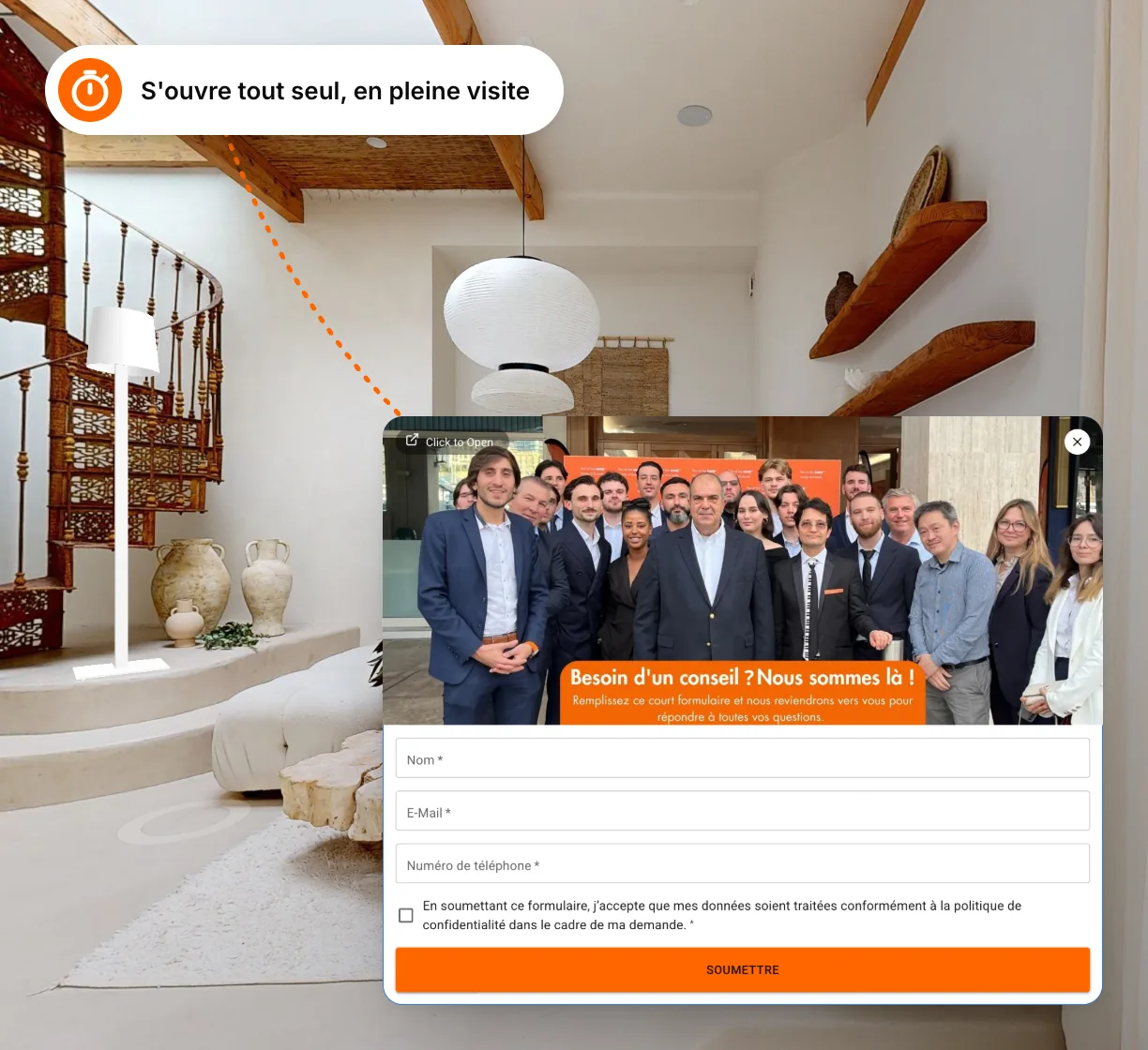 The form ‘Need advice? We're here!’ opens by itself mid-tour, in the living room with the spiral staircase in the sample tour