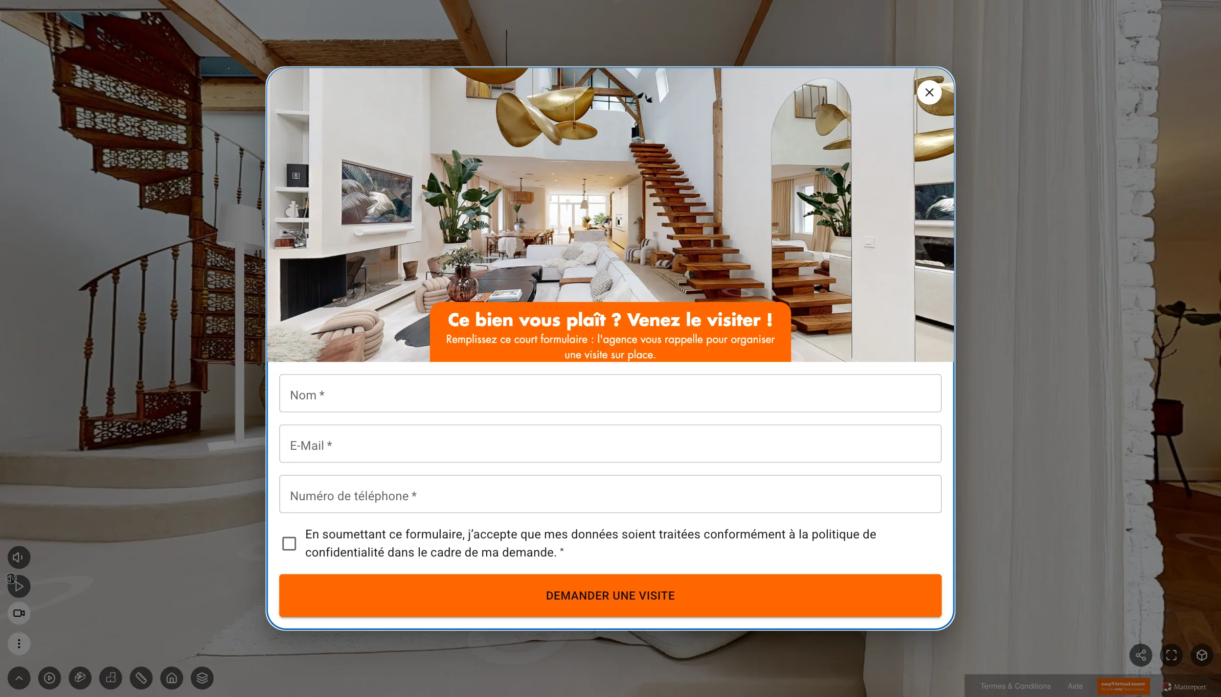 Virtual tour of a villa on a tablet: a form ‘Like this property? Come and see it!’ opens mid-tour to request an in-person viewing