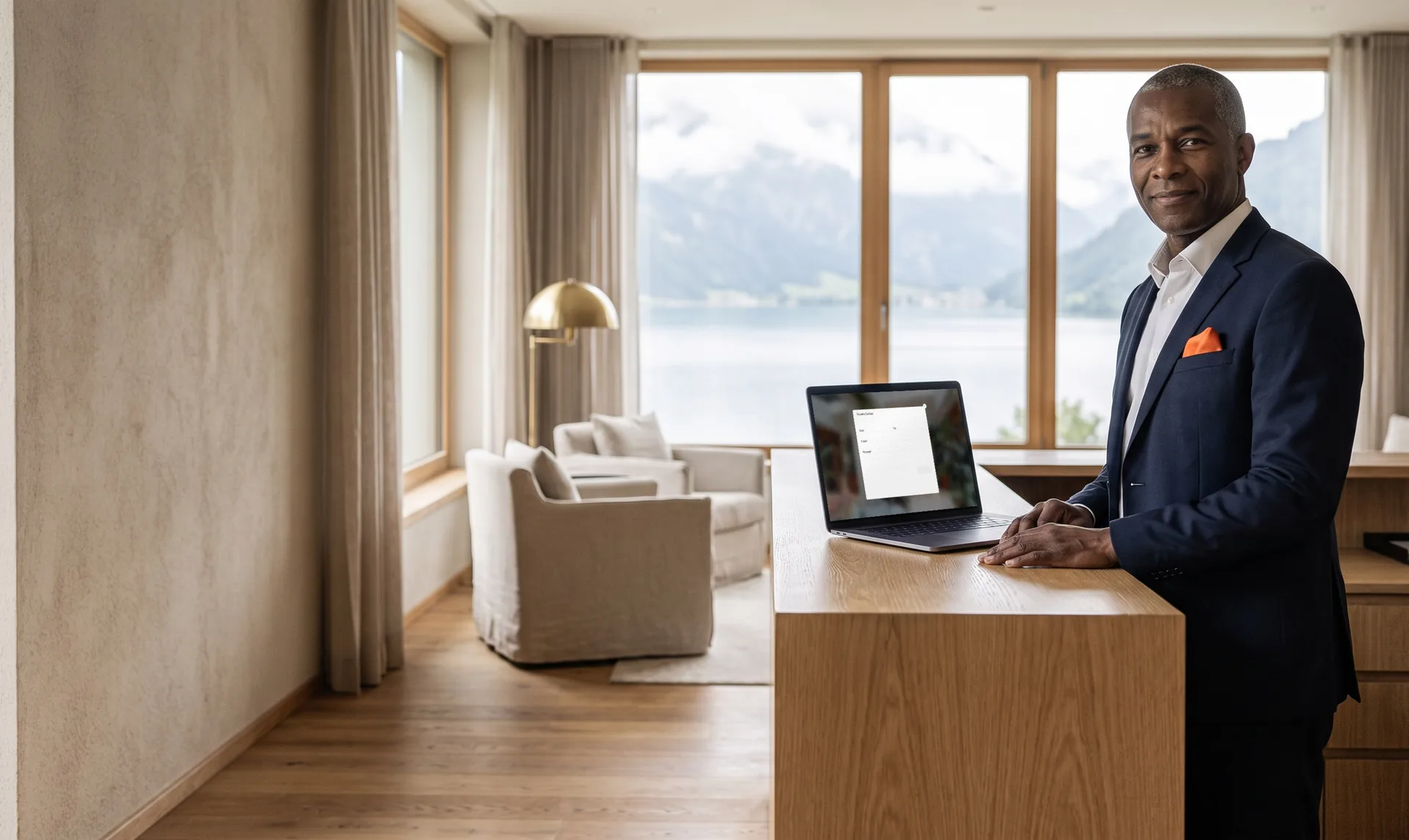 A hotel manager at reception, in front of a laptop showing a tour's contact form