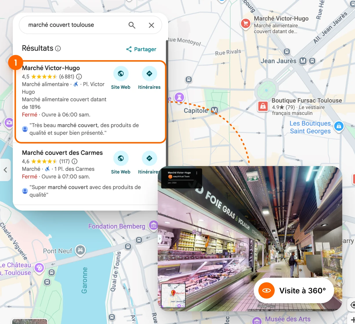 A search for ‘covered market toulouse’ on Google Maps: Marché Victor-Hugo comes first, with its 360° tour