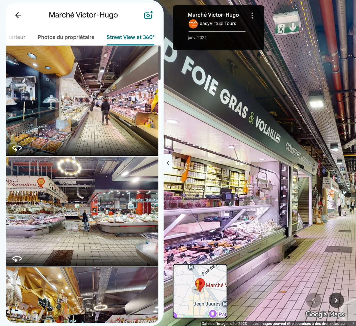 Fiche Google Maps du Marché Victor-Hugo, onglet « Street View et 360° », d'où la visite easyVirtual.tours s'ouvre directement dans Maps