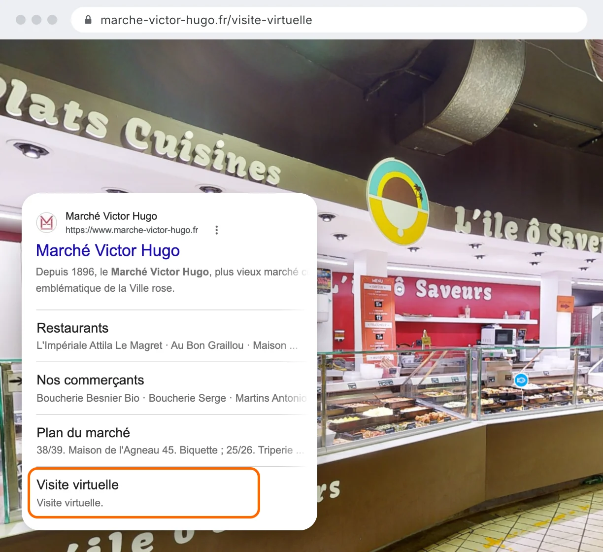 The ‘Virtual tour’ page on Marché Victor-Hugo's website, and the site's Google result showing that ‘Virtual tour’ link