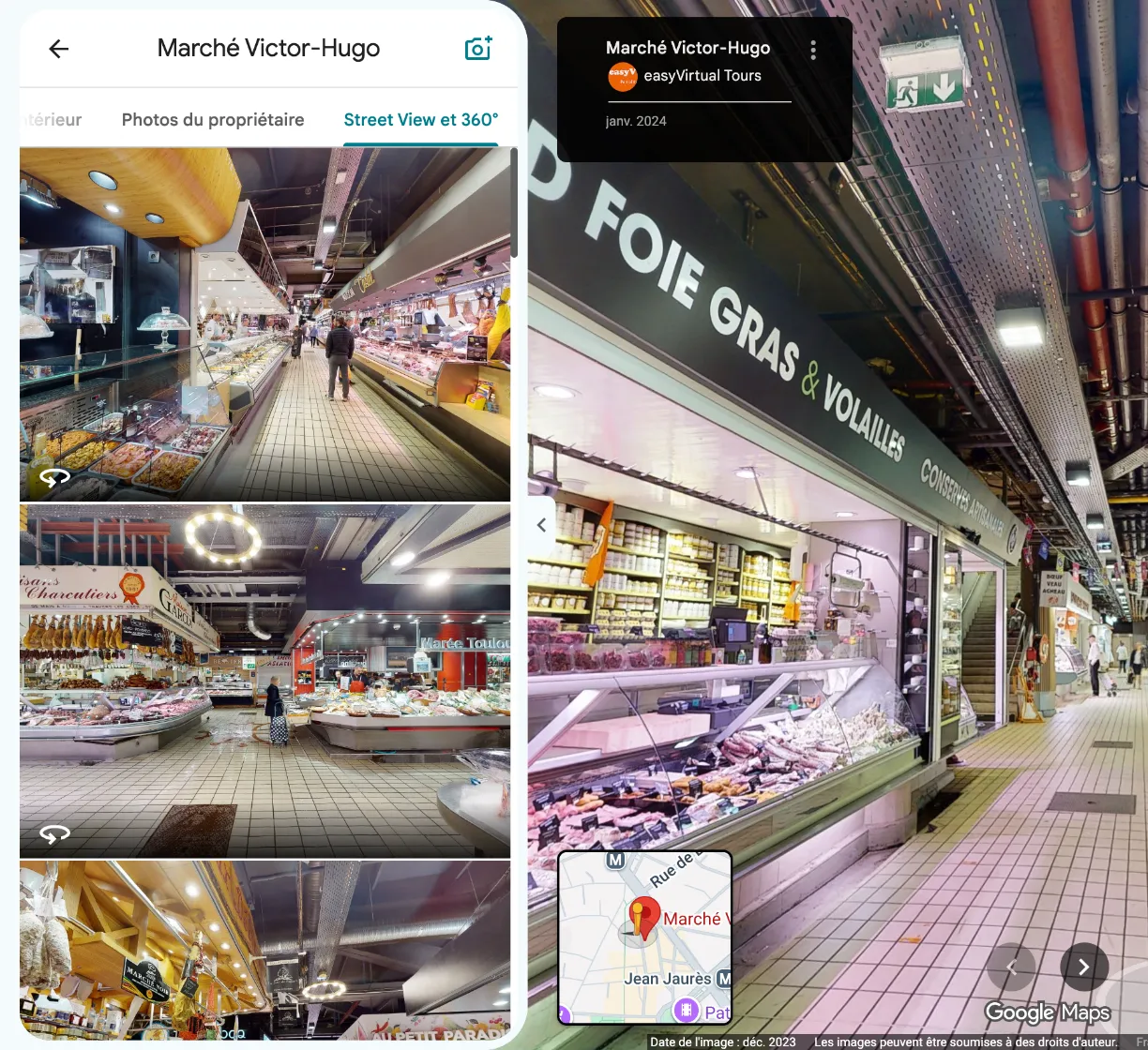 Marché Victor-Hugo's Google Maps listing: the ‘Street View & 360°’ gallery and the tour open in Street View