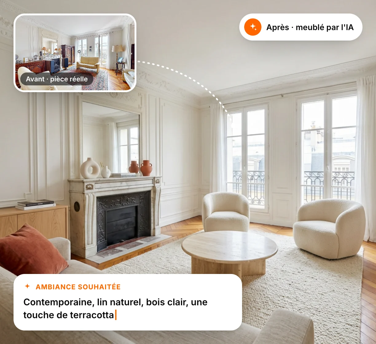 A real Haussmann-style living room, then the same room furnished by AI in the look described: contemporary, natural linen, light wood, a touch of terracotta