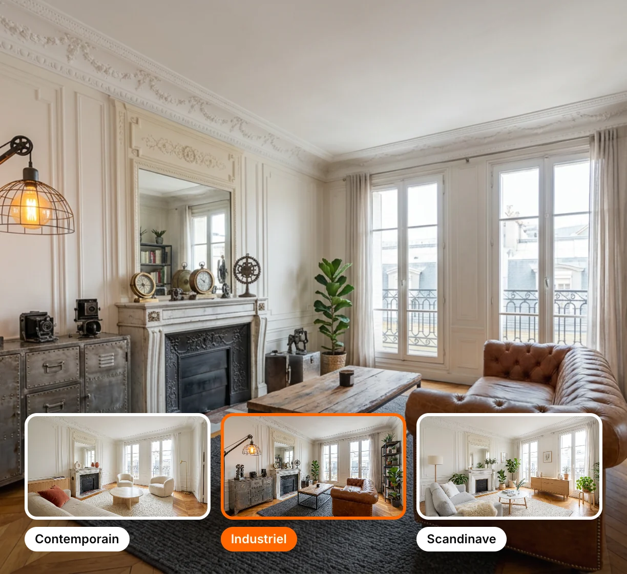 The same Haussmann-style living room furnished by AI in three styles: contemporary, industrial and Scandinavian