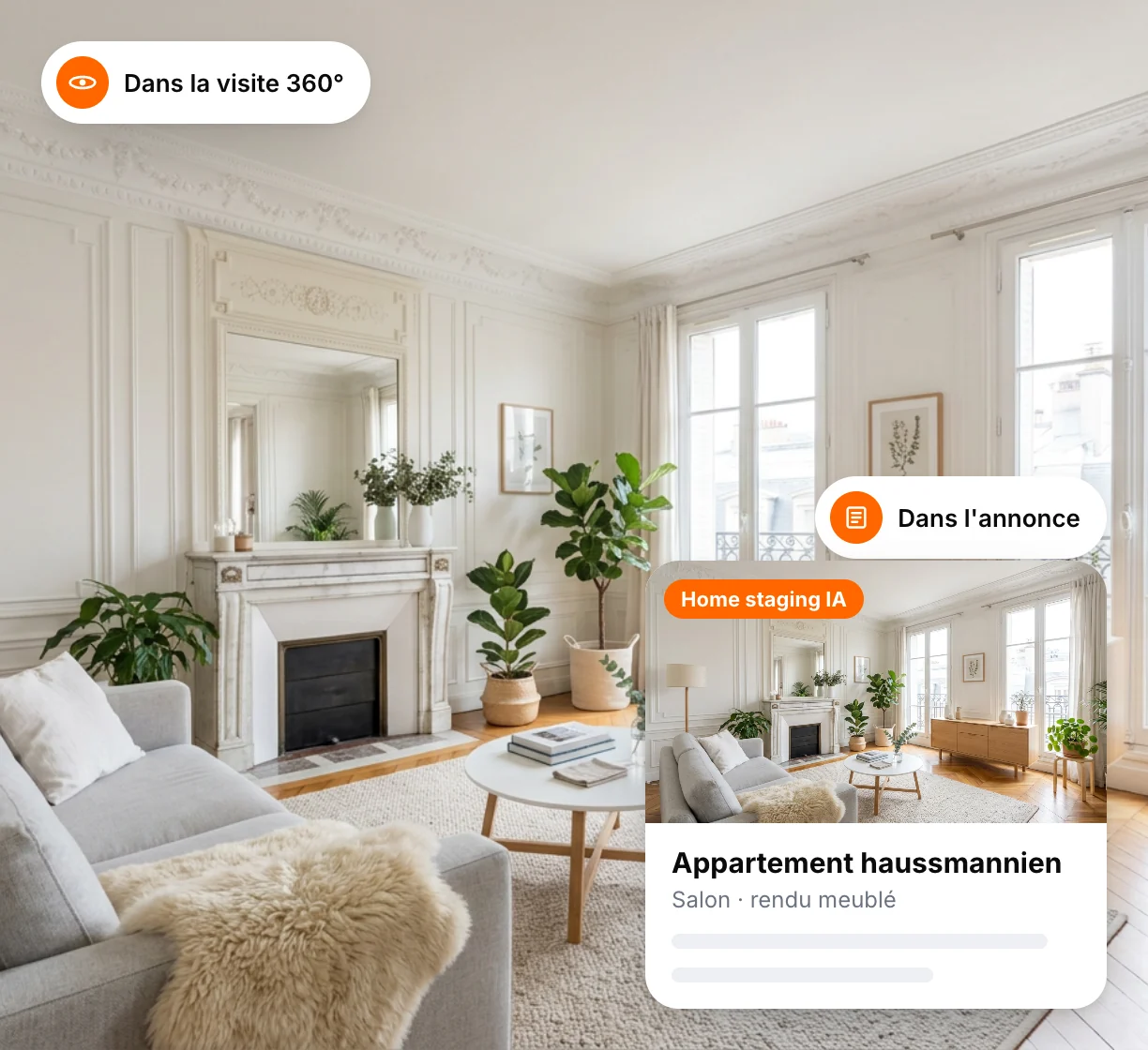 The furnished render of the living room, shown in the 360° tour and in a property listing card