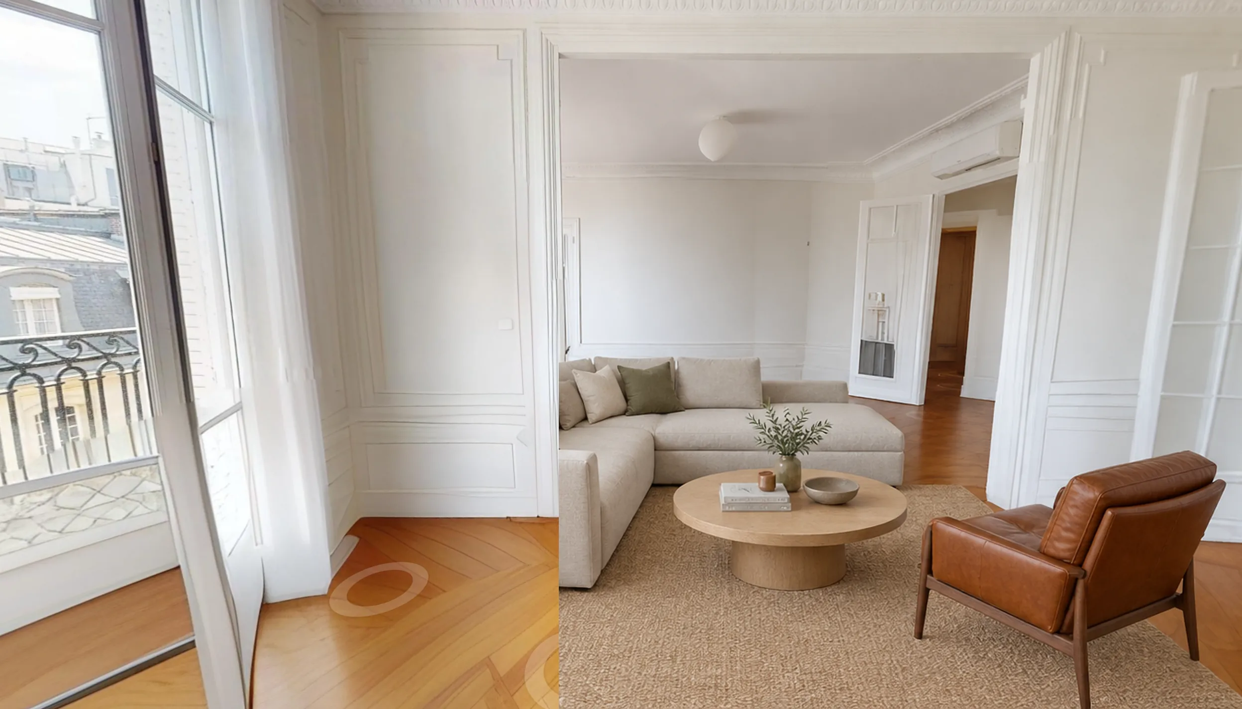 The same living room, empty and then furnished with AI virtual staging, side by side on a tablet
