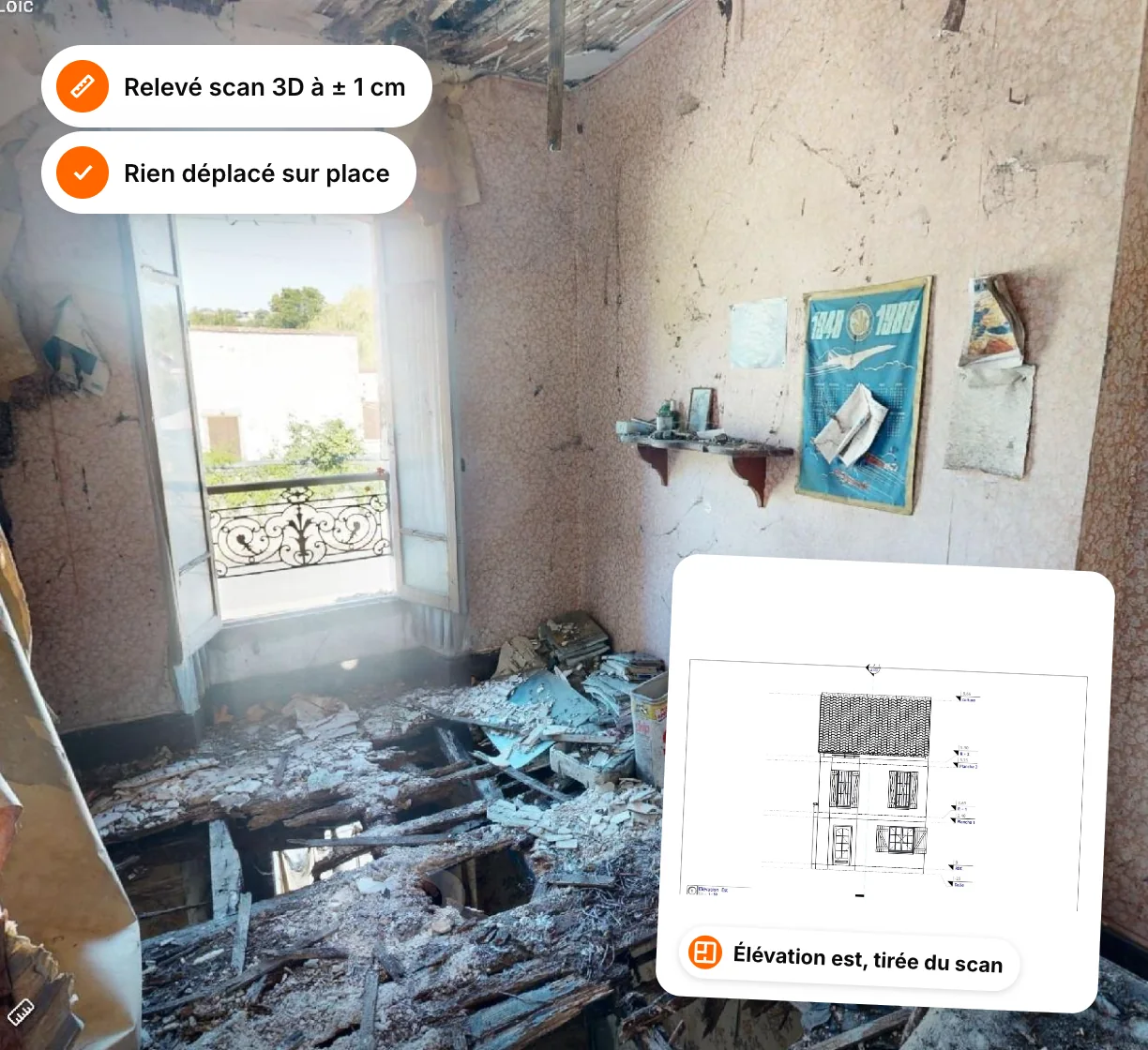 Room in an old house before works, with the east elevation of the same house taken from the 3D scan