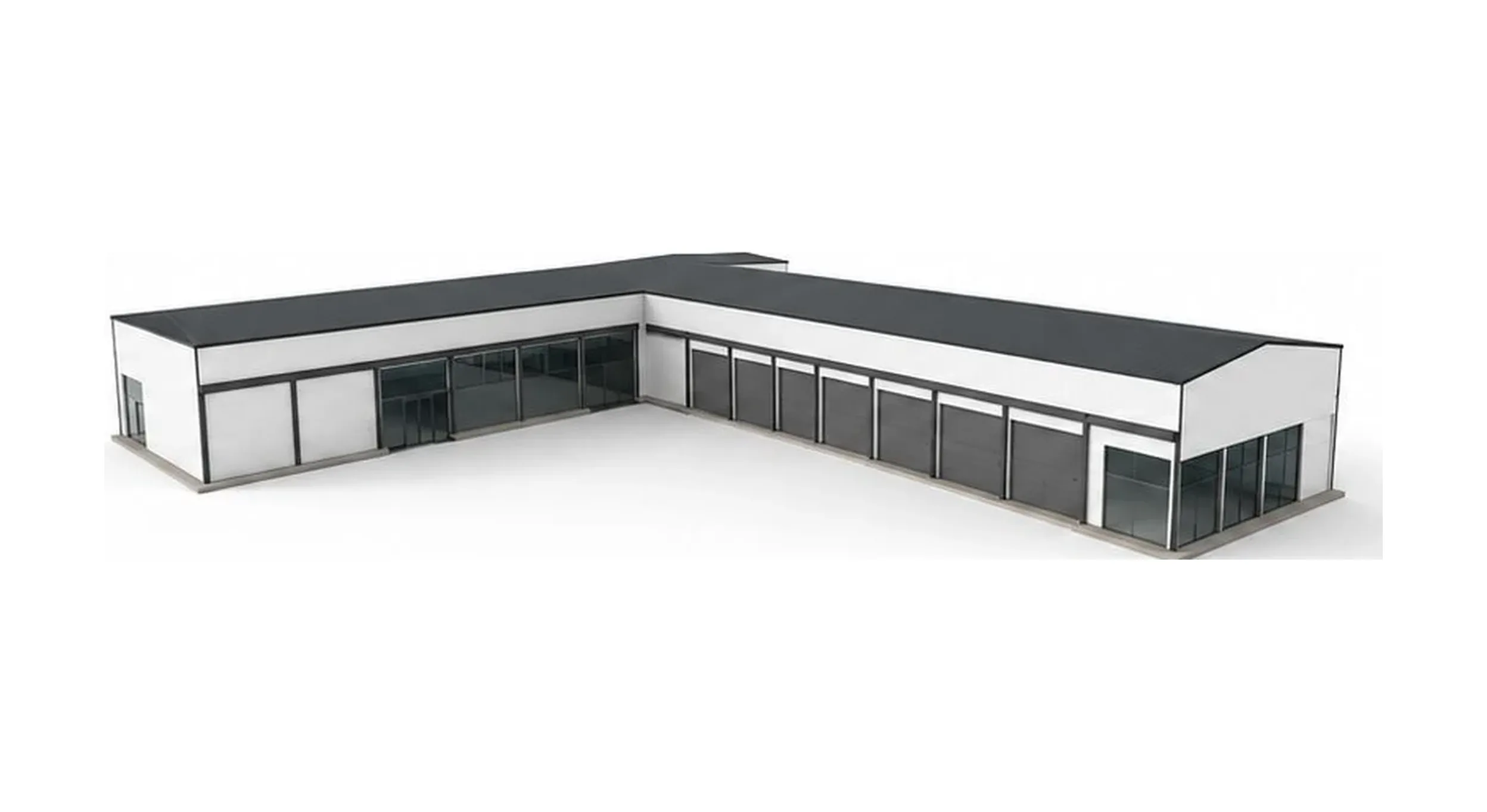 3D BIM model of an L-shaped commercial building, shown on a tablet
