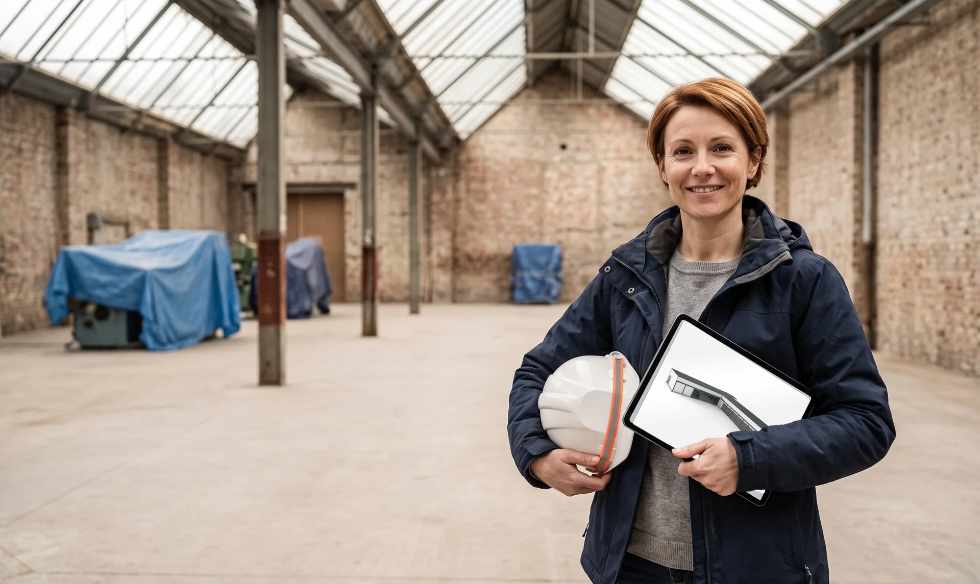 Project manager at an industrial site in a brick hall, hard hat under her arm, tablet showing a building's BIM model