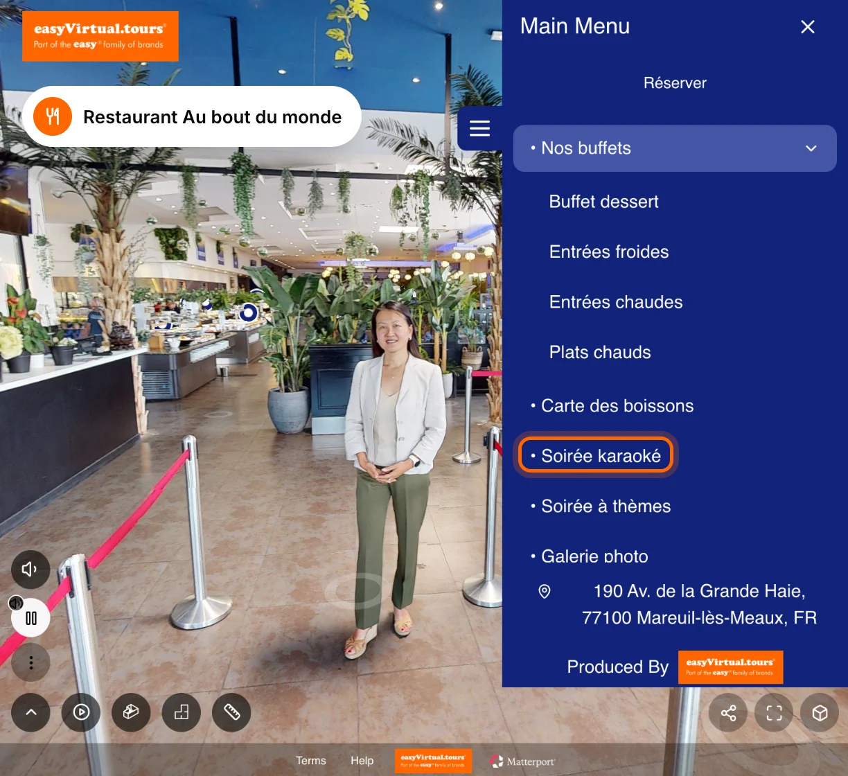 Le menu de la visite du restaurant Au bout du monde, ouvert dans la salle des buffets : Nos buffets (buffet dessert, entrées froides, entrées chaudes, plats chauds), carte des boissons, soirée karaoké