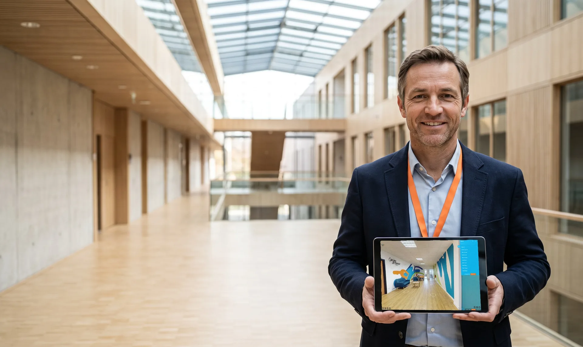 Directeur de centre de formation dans un atrium, tablette en main sur le menu de navigation d'une visite
