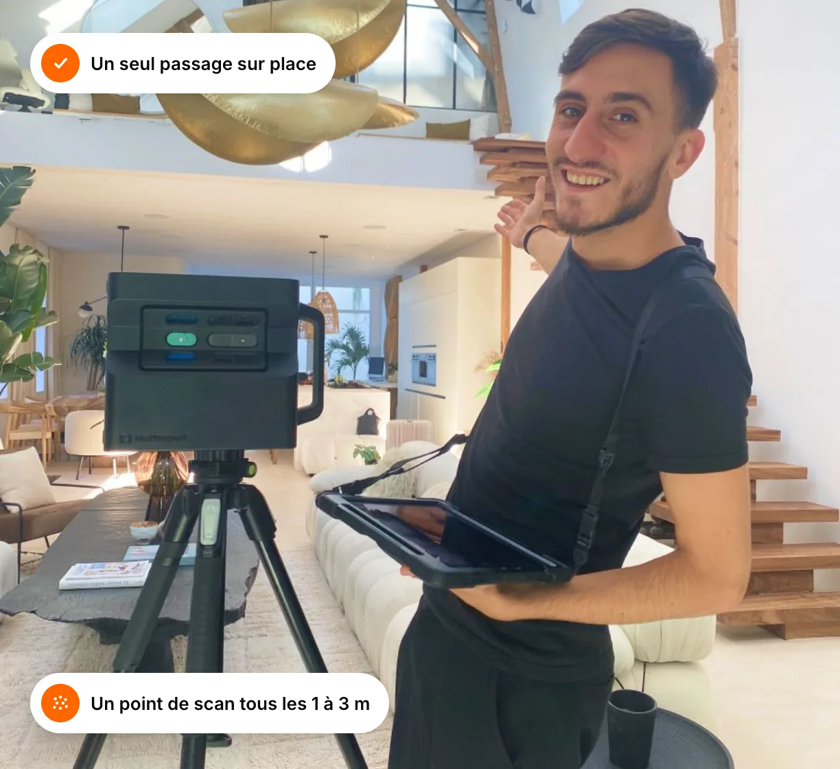 easyVirtual.tours technician with a 3D camera on a tripod, during a single-visit survey