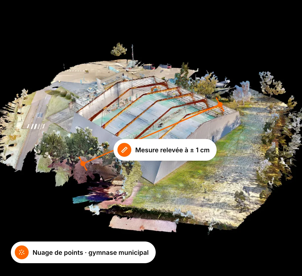 Point cloud of a municipal sports hall, with a measurement taken to the centimetre