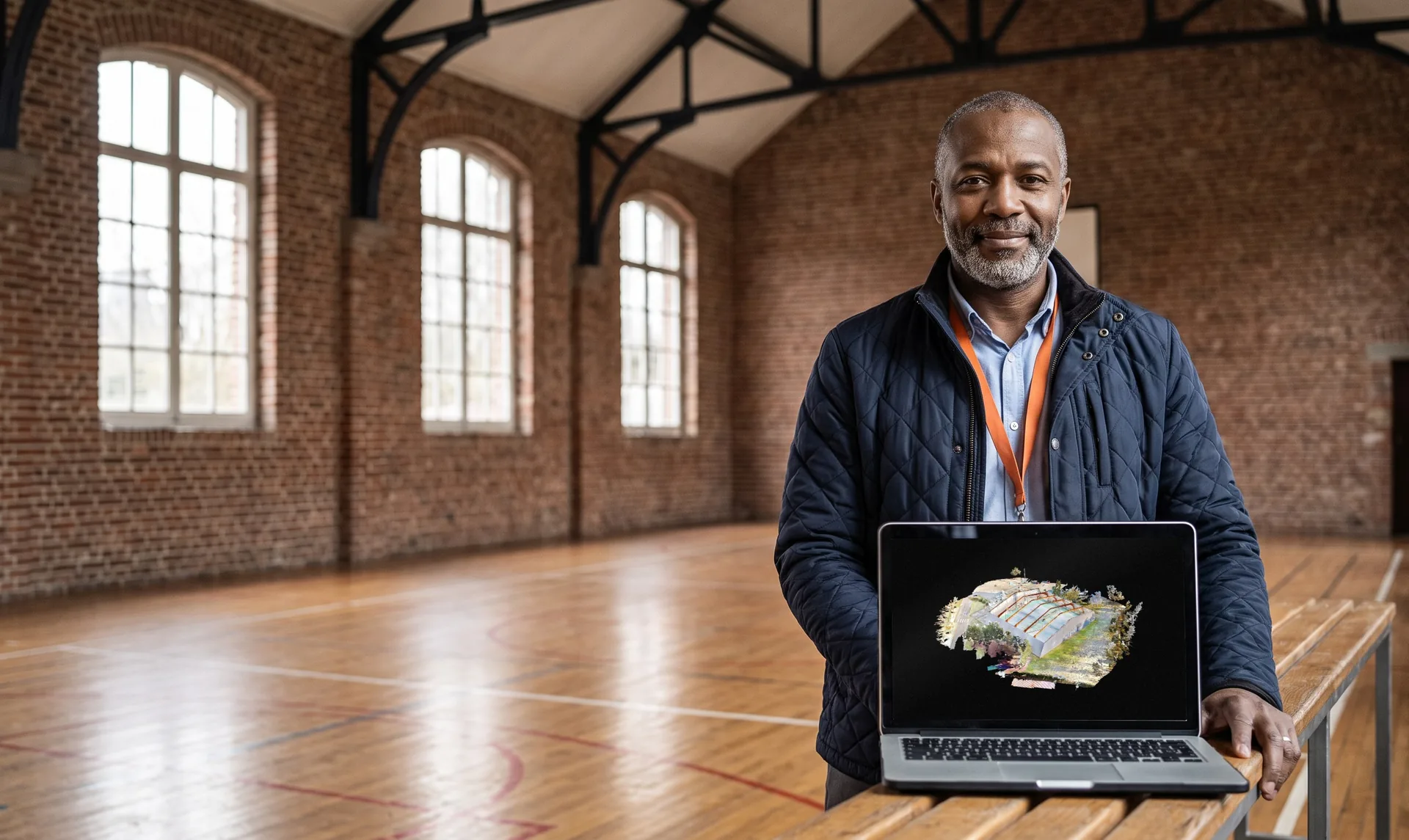 Head of a council's technical services in a brick sports hall, in front of a laptop showing the point cloud of a sports hall