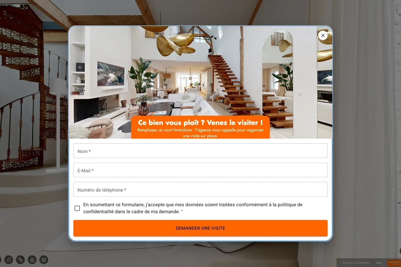 Formulaire de contact ouvert par-dessus une visite virtuelle